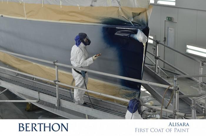 First coat of paint being applied to the hull at Berthon